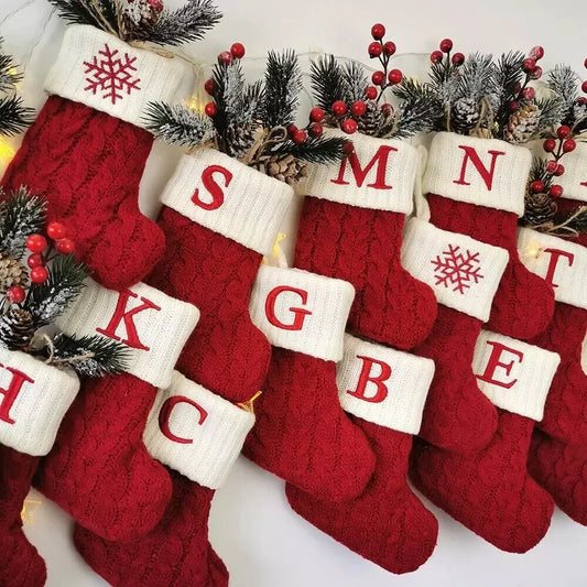 Knitted Christmas Stockings – Snowflake & Letter Designs | Cozy Holiday Decorations