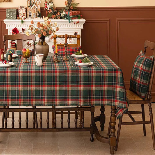 Christmas Plaid Woven Tablecloth / Red Green Table Cover