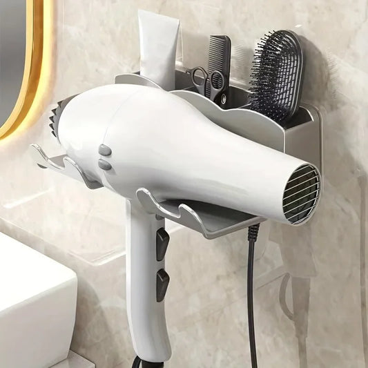 No-Drill Space Aluminum Hair Dryer Holder Wall Mount | Bathroom Organizer Rack
