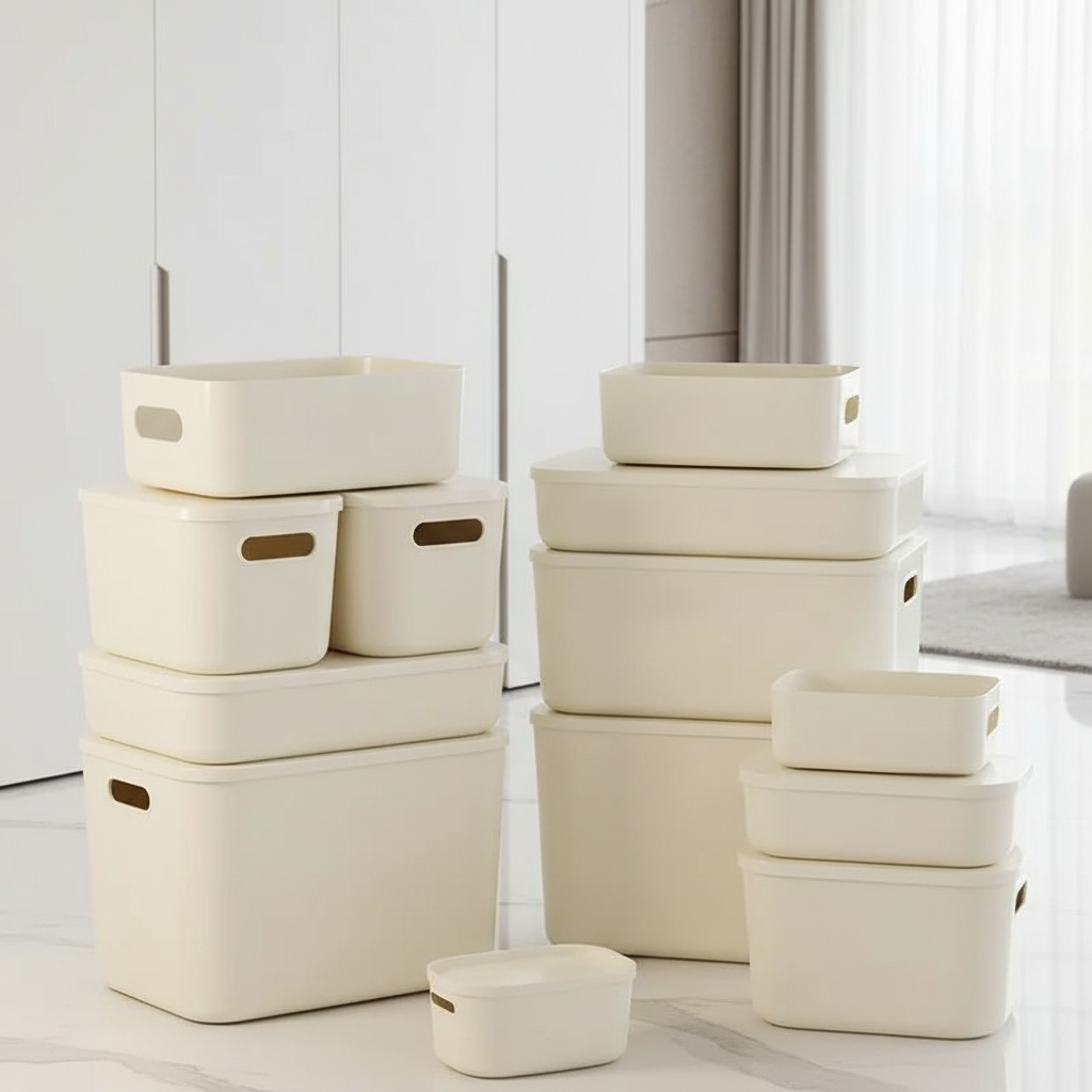 Minimalist Beige Lidded Storage Bin