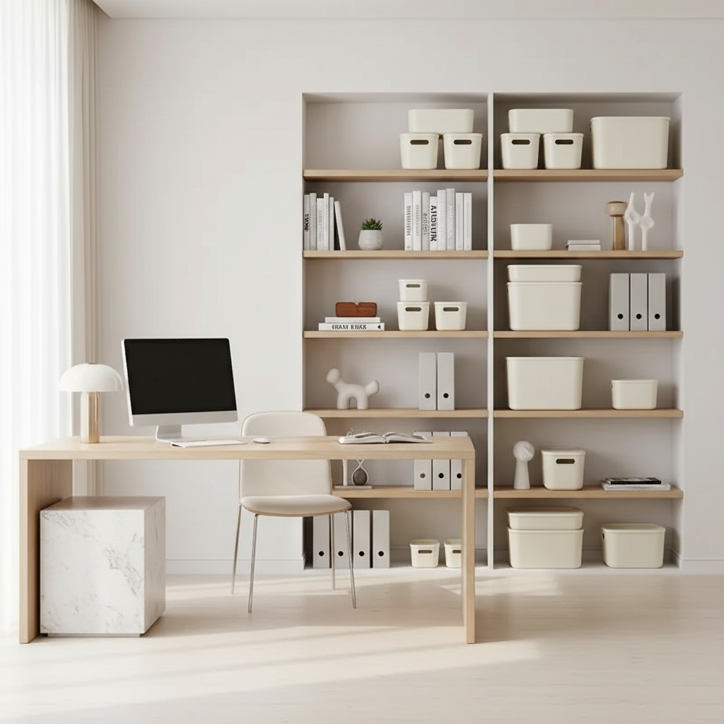 Minimalist Beige Lidded Storage Bin