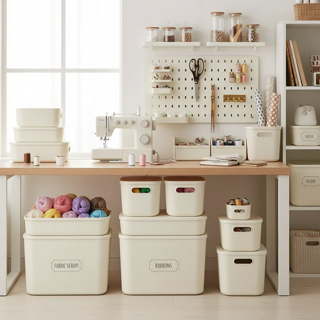 Minimalist Beige Lidded Storage Bin