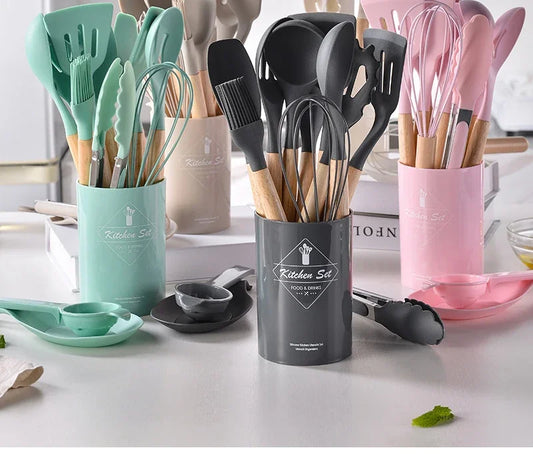 12-Piece Silicone Kitchen Utensil Set with Wooden Handles - Non-Stick Cookware Tools