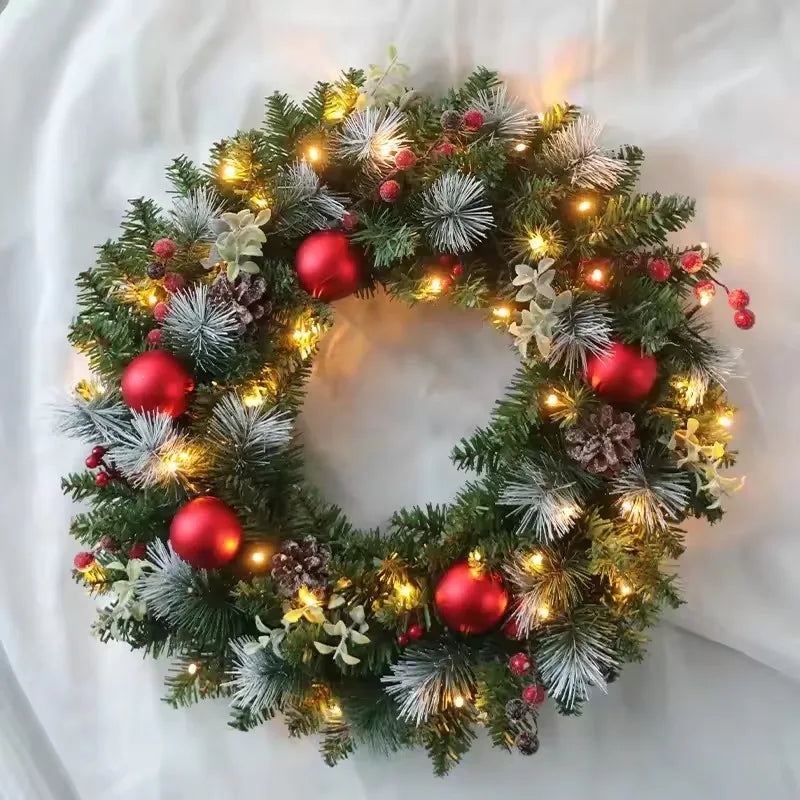 Christmas Wreath with LED Fairy Lights – Festive Pine Garland for Doors & Holiday Decor