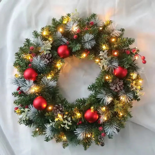 Christmas Wreath with LED Fairy Lights – Festive Pine Garland for Doors & Holiday Decor