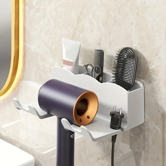 No-Drill Space Aluminum Hair Dryer Holder Wall Mount | Bathroom Organizer Rack
