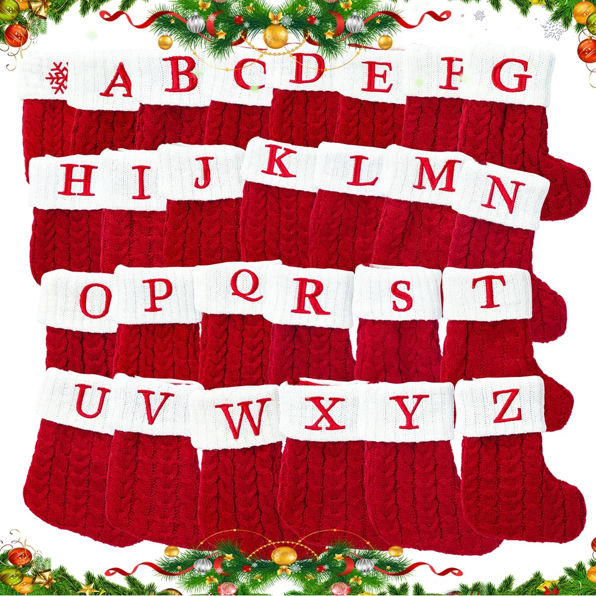 Knitted Christmas Stockings – Snowflake & Letter Designs | Cozy Holiday Decorations