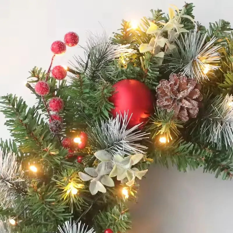 Christmas Wreath with LED Fairy Lights – Festive Pine Garland for Doors & Holiday Decor