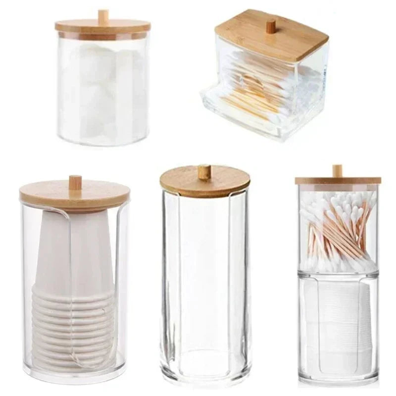 Acrylic Storage Box Bathroom Jar Makeup Organizer Cotton round Pad Holder Cotton Swab Box Qtip Holder Dispenser with Bamboo Lid