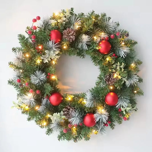 Christmas Wreath with LED Fairy Lights – Festive Pine Garland for Doors & Holiday Decor