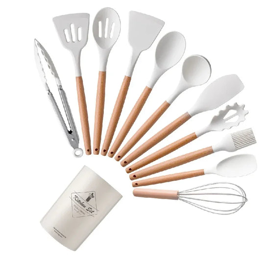 12-Piece Silicone Kitchen Utensil Set with Wooden Handles - Non-Stick Cookware Tools