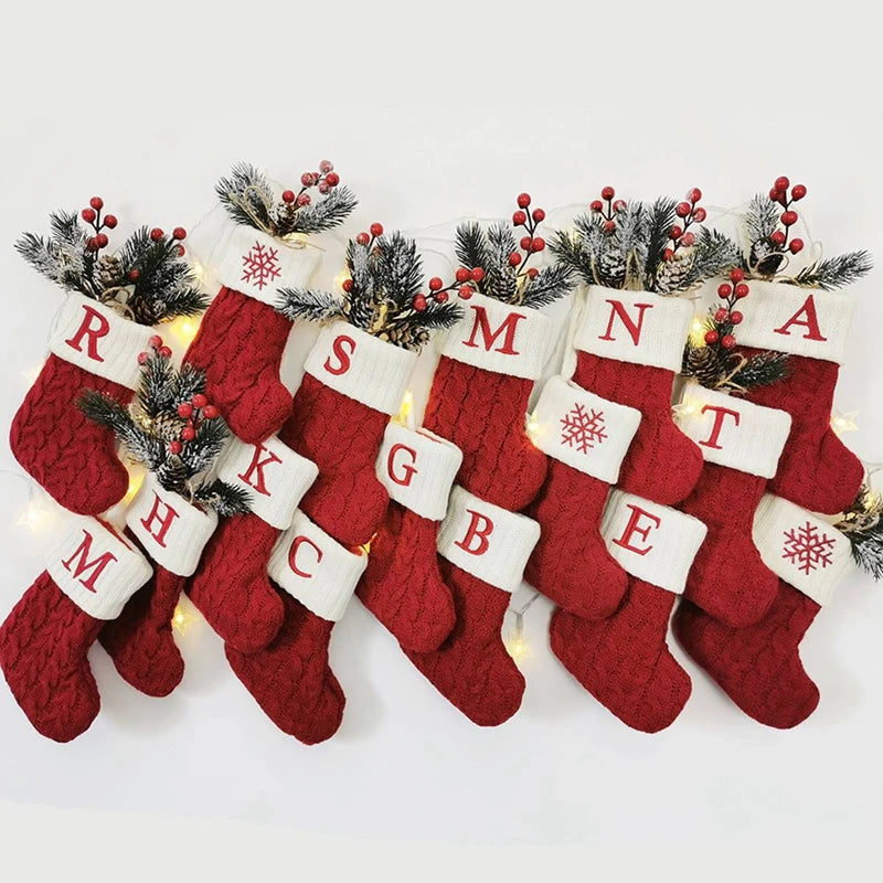 Knitted Christmas Stockings – Snowflake & Letter Designs | Cozy Holiday Decorations