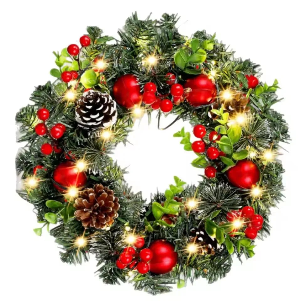 Christmas Wreath with LED Fairy Lights – Festive Pine Garland for Doors & Holiday Decor