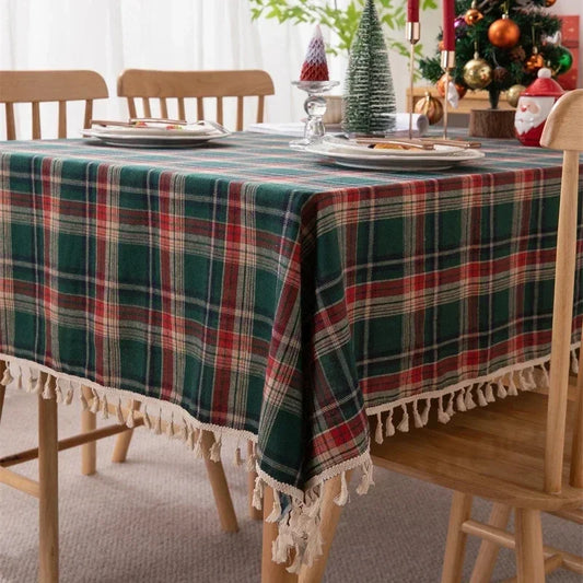 Christmas Plaid Woven Tablecloth / Red Green Table Cover